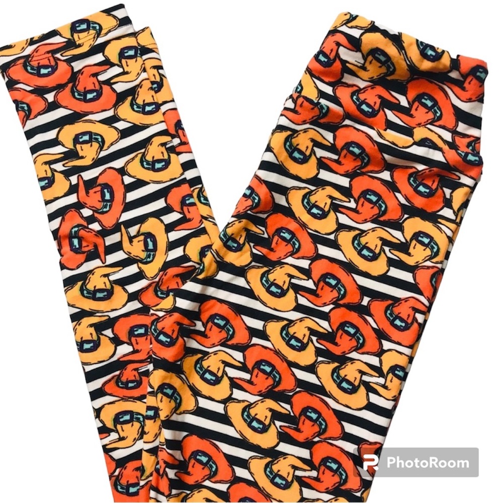 LuLaRoe Leggings Size Tween 0 Halloween Witches Hat Black Orange Striped